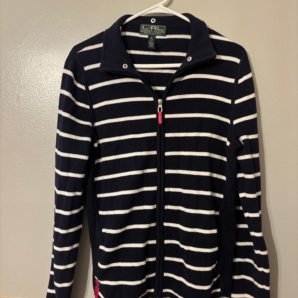 Lauren Ralph Lauren Sport Navy Blue & White Stripe Zip Front Sweater XL